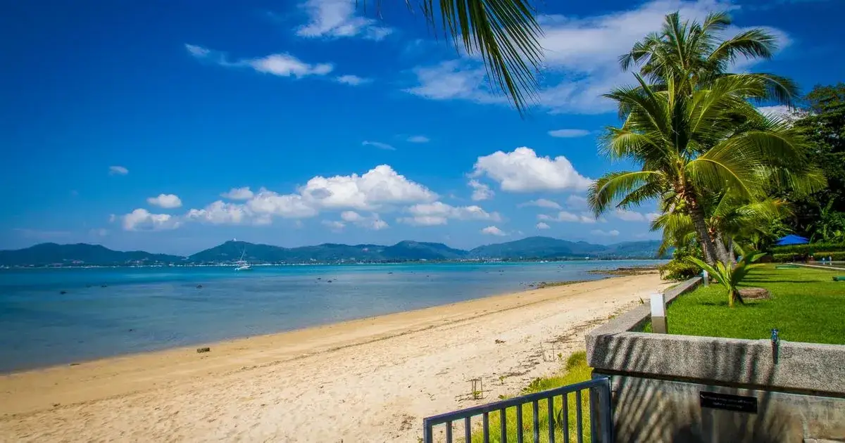 Golden beach and calm bay framed by palm trees at The Waterside Condo, Cape Panwa, Phuket